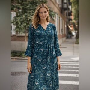 J Jill Womens Arboretum Midi Dress Small Dark Teal Green Floral Cottagecore